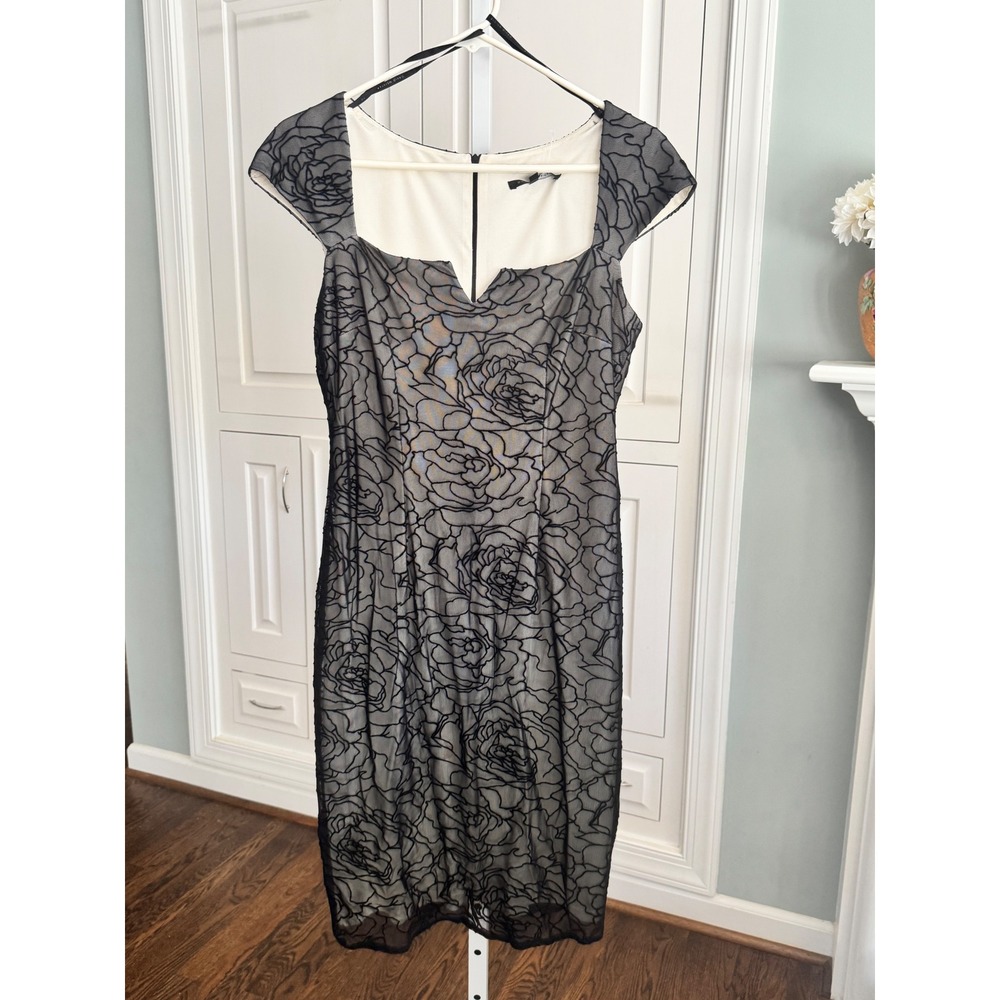 David Meister Black Floral Mesh Overlay Sheath Dress Cream Lining Cap Sleeve 6
